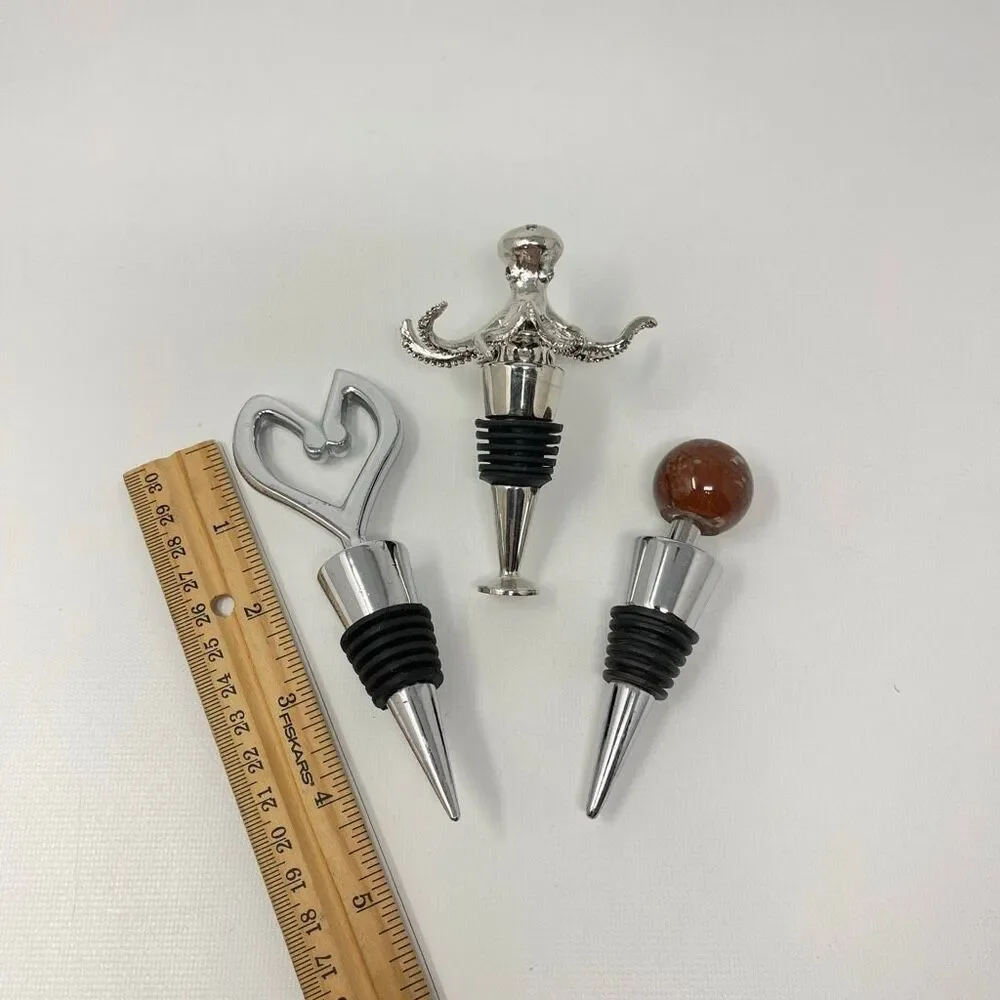 Metal & Stone Wine Bottle Stopper Lot of 3 Metal Octopus & Heart Stone Ball